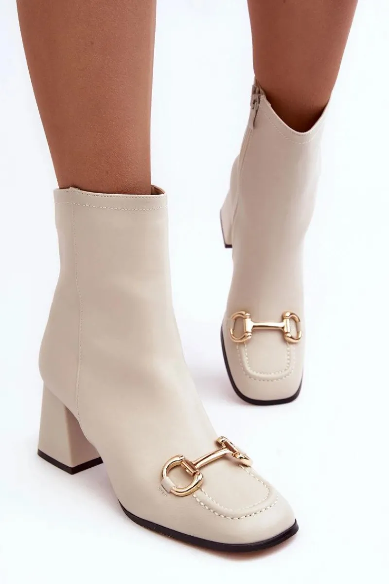 Botki Na Słupku|Brązowe I Beżowe Botki>Boto Skórzane Botki Na Obcasie Z Ozdobą Beżowe Pamelinta