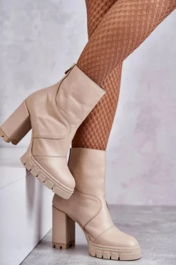 Damskie Trapery|Botki Skórzane>Boto Skórzane Botki Na Obcasie Beżowe Elia