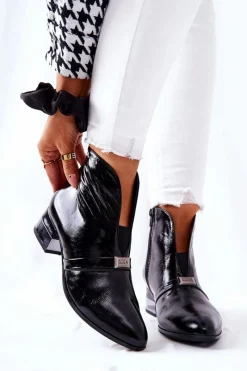 Czarne Botki|Botki Zimowe Damskie>Laura Messi Skórzane Botki Na Obcasie Czarne 2268