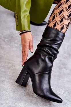 Best Skórzane Botki Na Obcasie 2560 Czarne Damskie Botki Na Słupku|Czarne Botki
