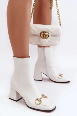 New Boto Skórzane Botki Na Obcasie Z Ozdobą Białe Pamelinta