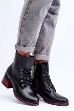 Online Skórzane Botki Na Obcasie Czarne Luloshe Damskie Czarne Botki|Botki Na Obcasie