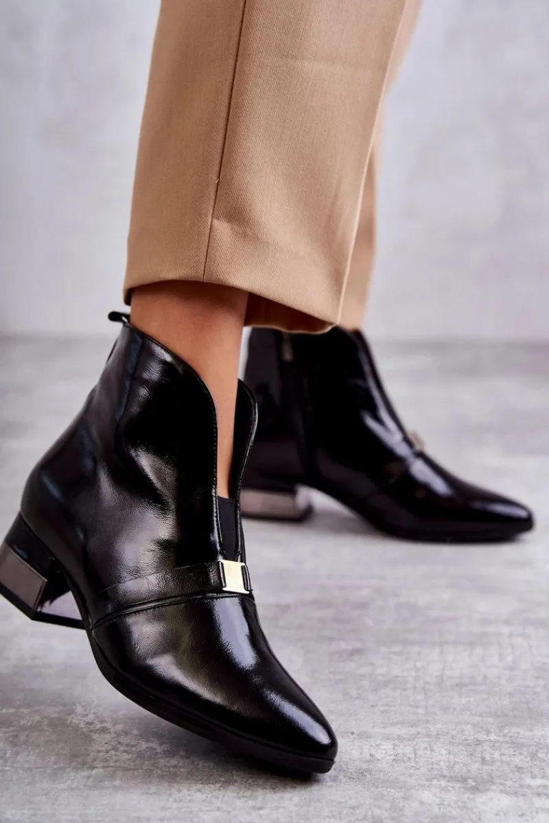 Laura Messi Skórzane Botki Na Płaskim Obcasie 2268 Czarne