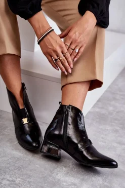 Laura Messi Skórzane Botki Na Płaskim Obcasie 2268 Czarne