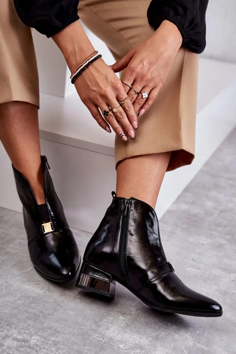 Laura Messi Skórzane Botki Na Płaskim Obcasie 2268 Czarne