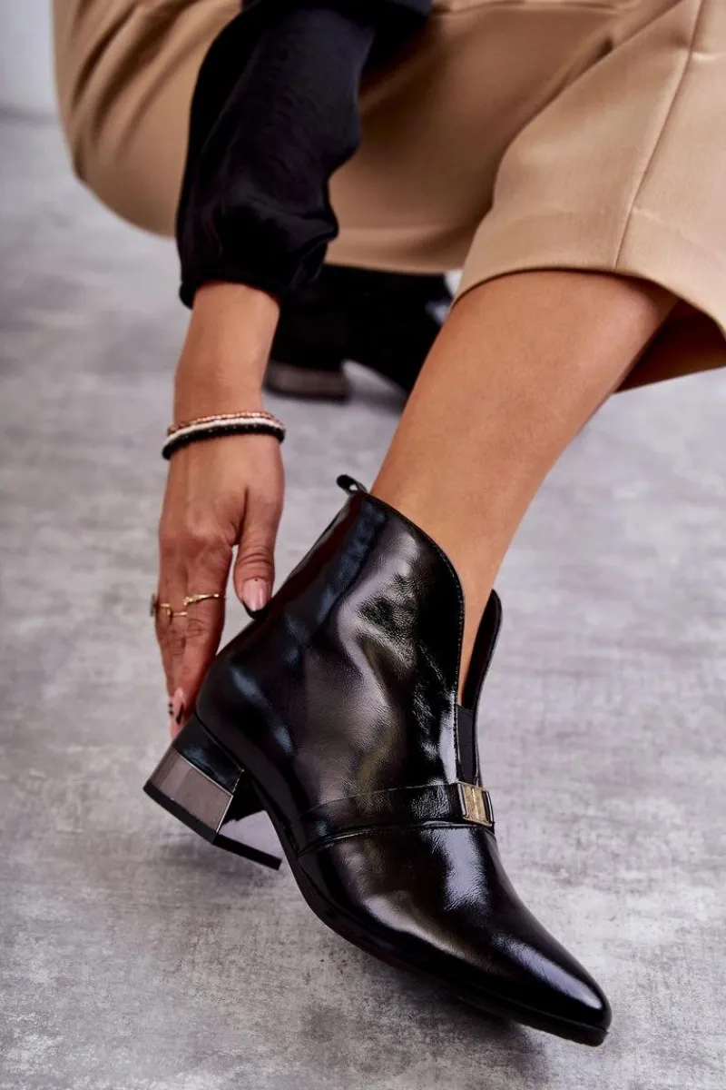 Laura Messi Skórzane Botki Na Płaskim Obcasie 2268 Czarne