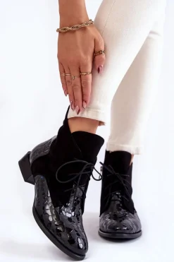 Botki Maciejka|Botki Sznurowane>Maciejka Skórzane Botki Na Płaskim Obcasie 2878J-01 Czarne