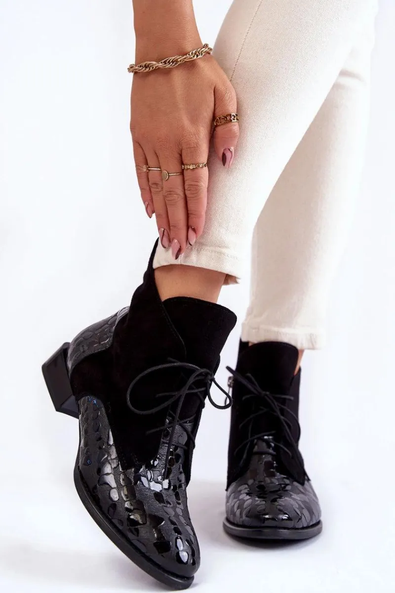 Botki Maciejka|Botki Sznurowane>Maciejka Skórzane Botki Na Płaskim Obcasie 2878J-01 Czarne