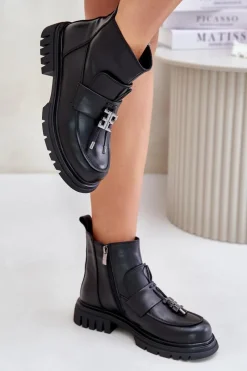 Best Evento Skórzane Botki Na Płaskim Obcasie Z Ozdobą Ocieplane Czarne Asperra