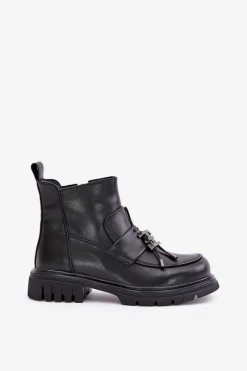 Best Evento Skórzane Botki Na Płaskim Obcasie Z Ozdobą Ocieplane Czarne Asperra