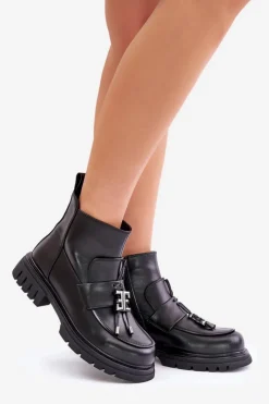 Best Evento Skórzane Botki Na Płaskim Obcasie Z Ozdobą Ocieplane Czarne Asperra