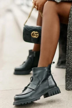 Best Evento Skórzane Botki Na Płaskim Obcasie Z Ozdobą Ocieplane Czarne Asperra