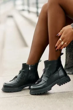 Best Evento Skórzane Botki Na Płaskim Obcasie Z Ozdobą Ocieplane Czarne Asperra