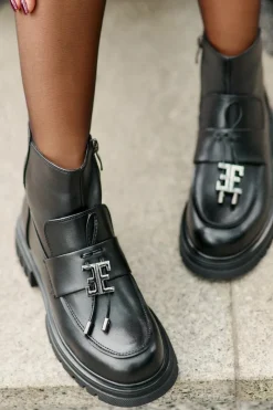 Best Evento Skórzane Botki Na Płaskim Obcasie Z Ozdobą Ocieplane Czarne Asperra