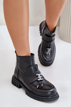 Best Evento Skórzane Botki Na Płaskim Obcasie Z Ozdobą Ocieplane Czarne Asperra