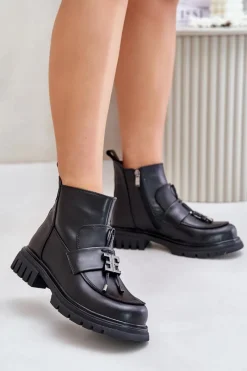 Best Evento Skórzane Botki Na Płaskim Obcasie Z Ozdobą Ocieplane Czarne Asperra