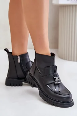 Best Evento Skórzane Botki Na Płaskim Obcasie Z Ozdobą Ocieplane Czarne Asperra