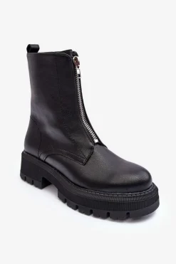 Outlet Skórzane Botki Na Płaskim Obcasie Z Suwakiem Czarne Vimal Damskie Czarne Botki|Brązowe I Beżowe Botki