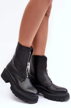 Outlet Skórzane Botki Na Płaskim Obcasie Z Suwakiem Czarne Vimal Damskie Czarne Botki|Brązowe I Beżowe Botki