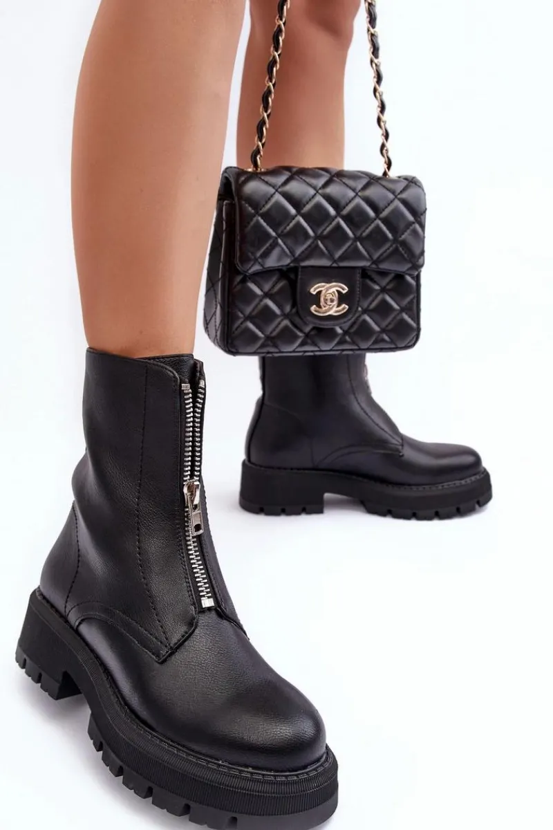 Outlet Skórzane Botki Na Płaskim Obcasie Z Suwakiem Czarne Vimal Damskie Czarne Botki|Brązowe I Beżowe Botki