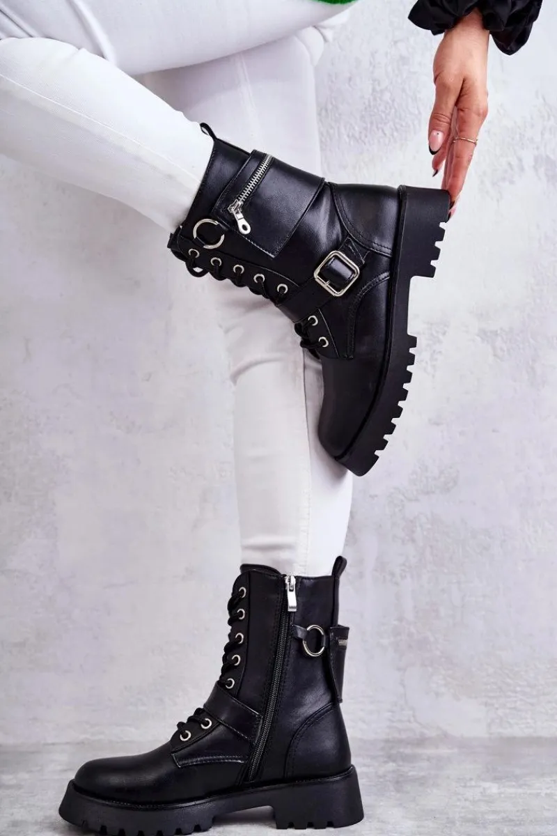 Online Boto Skórzane Botki Na Płaskim Obcasie Czarne Marlis