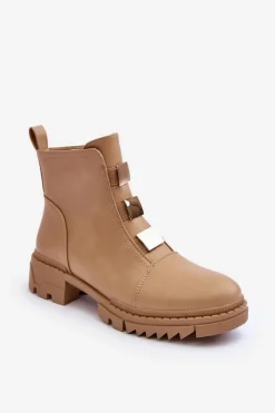 Botki Zimowe Damskie|Brązowe I Beżowe Botki>Boto Skórzane Botki Na Płaskim Obcasie Beżowe Azulenn