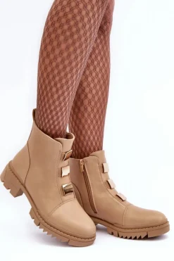 Botki Zimowe Damskie|Brązowe I Beżowe Botki>Boto Skórzane Botki Na Płaskim Obcasie Beżowe Azulenn