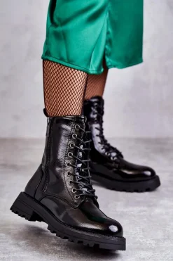 Outlet Boto Skórzane Botki Na Płaskim Obcasie Czarne Estela