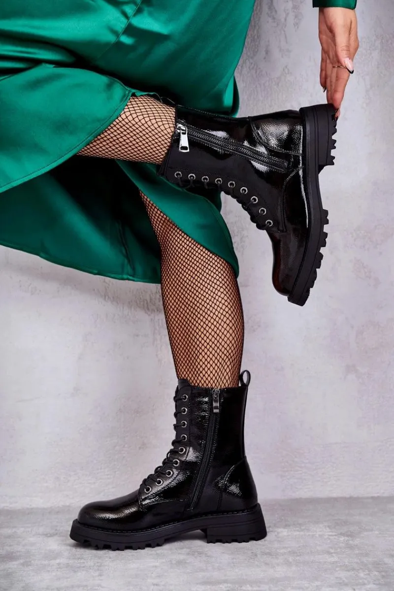 Outlet Boto Skórzane Botki Na Płaskim Obcasie Czarne Estela