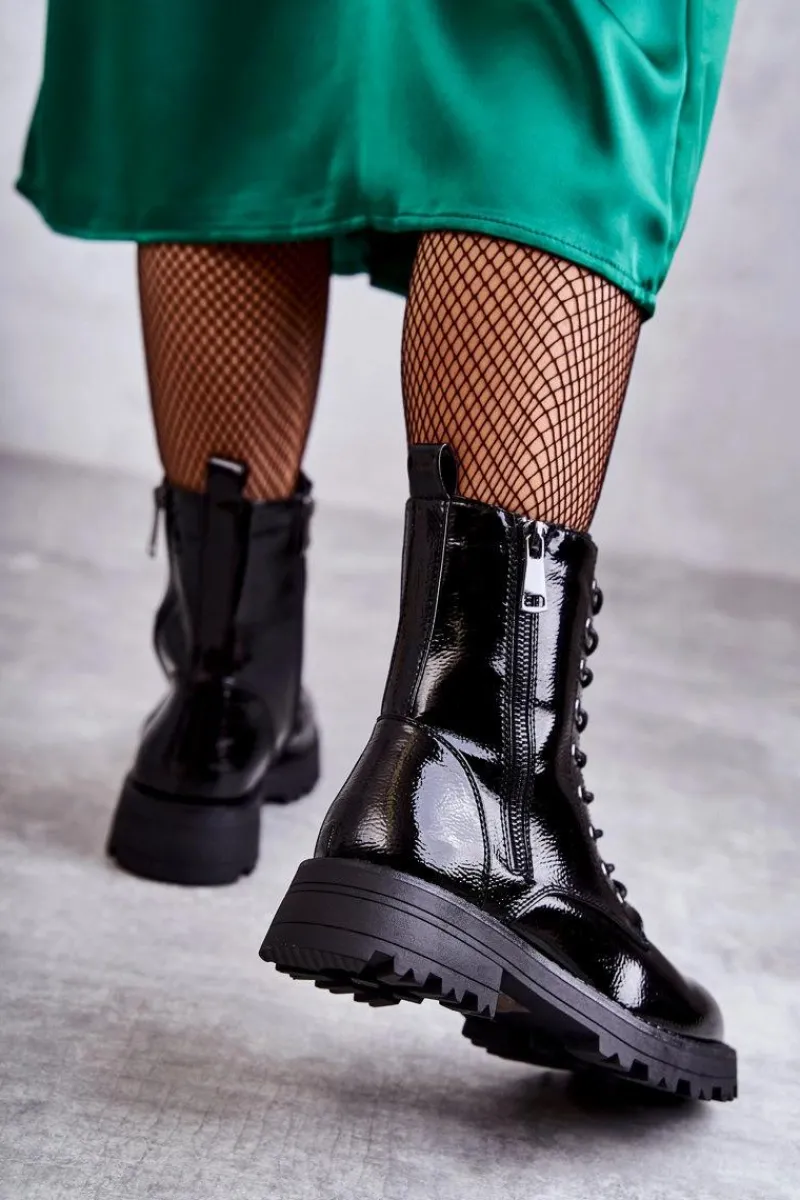 Outlet Boto Skórzane Botki Na Płaskim Obcasie Czarne Estela