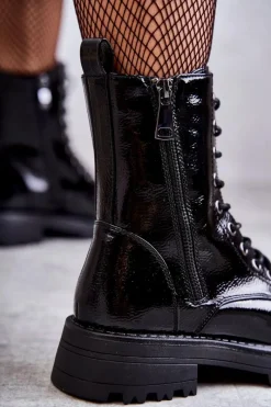 Outlet Boto Skórzane Botki Na Płaskim Obcasie Czarne Estela