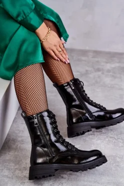 Outlet Boto Skórzane Botki Na Płaskim Obcasie Czarne Estela