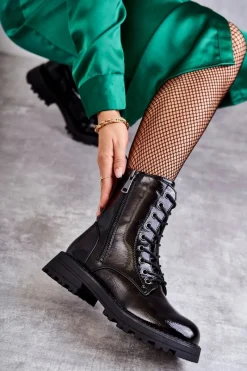 Outlet Boto Skórzane Botki Na Płaskim Obcasie Czarne Estela