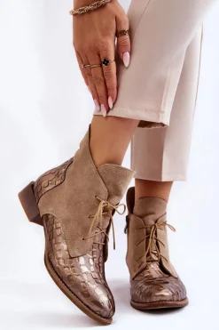 Sale Skórzane Botki Na Płaskim Obcasie 2878J-04 Beżowe Damskie Botki Maciejka|Botki Sznurowane