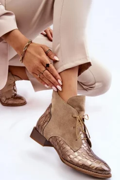 Sale Skórzane Botki Na Płaskim Obcasie 2878J-04 Beżowe Damskie Botki Maciejka|Botki Sznurowane