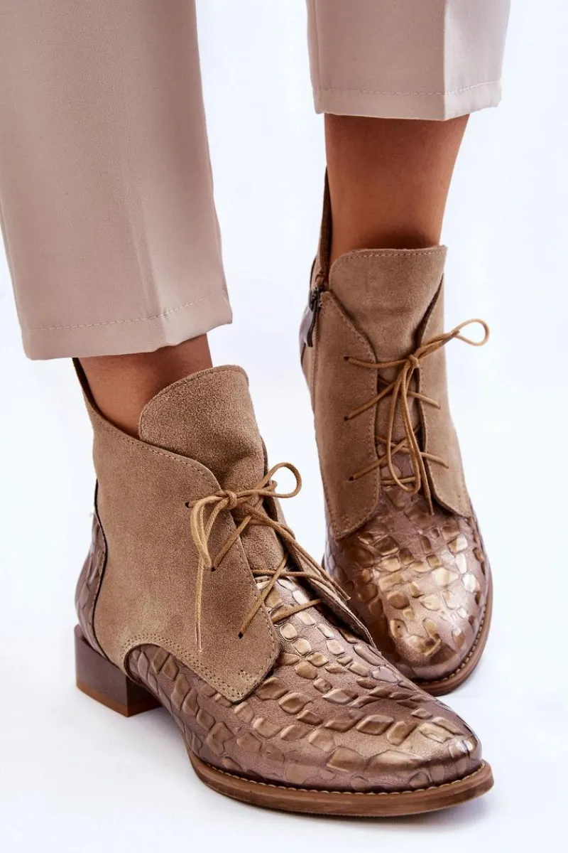 Sale Skórzane Botki Na Płaskim Obcasie 2878J-04 Beżowe Damskie Botki Maciejka|Botki Sznurowane