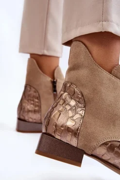 Sale Skórzane Botki Na Płaskim Obcasie 2878J-04 Beżowe Damskie Botki Maciejka|Botki Sznurowane