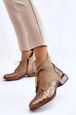 Sale Skórzane Botki Na Płaskim Obcasie 2878J-04 Beżowe Damskie Botki Maciejka|Botki Sznurowane