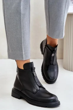 New Skórzane Botki Na Płaskim Obcasie Ocieplane Czarne Komisa Damskie Botki Ocieplane|Czarne Botki