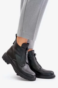 New Skórzane Botki Na Płaskim Obcasie Ocieplane Czarne Komisa Damskie Botki Ocieplane|Czarne Botki