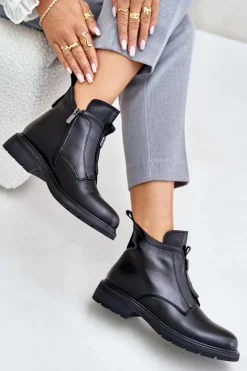 New Skórzane Botki Na Płaskim Obcasie Ocieplane Czarne Komisa Damskie Botki Ocieplane|Czarne Botki