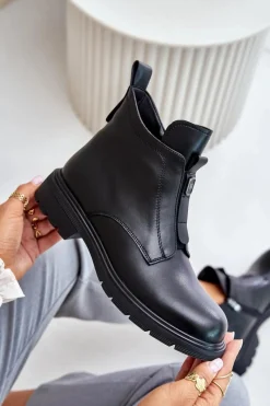 New Skórzane Botki Na Płaskim Obcasie Ocieplane Czarne Komisa Damskie Botki Ocieplane|Czarne Botki