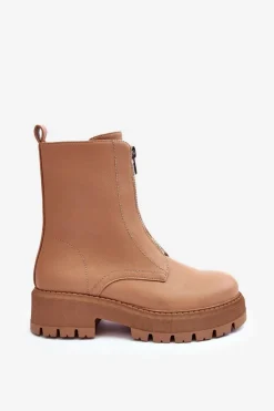 New Skórzane Botki Na Płaskim Obcasie Z Suwakiem Camel Vimal Damskie Botki Ocieplane|Brązowe I Beżowe Botki