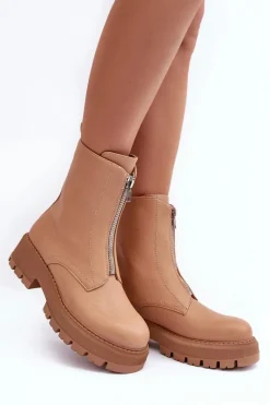 New Skórzane Botki Na Płaskim Obcasie Z Suwakiem Camel Vimal Damskie Botki Ocieplane|Brązowe I Beżowe Botki