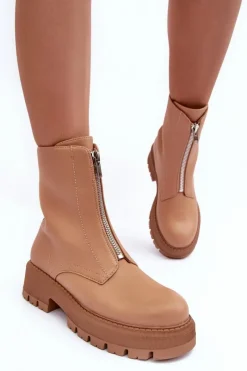 New Skórzane Botki Na Płaskim Obcasie Z Suwakiem Camel Vimal Damskie Botki Ocieplane|Brązowe I Beżowe Botki