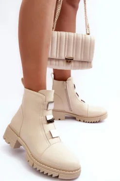 Outlet Skórzane Botki Na Płaskim Obcasie Jasnobeżowe Azulenn Damskie Botki Zimowe Damskie|Brązowe I Beżowe Botki