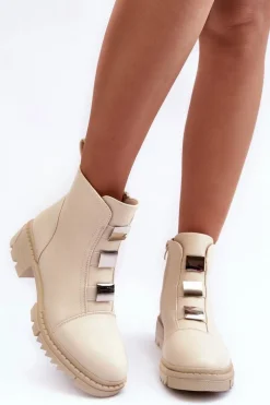 Outlet Skórzane Botki Na Płaskim Obcasie Jasnobeżowe Azulenn Damskie Botki Zimowe Damskie|Brązowe I Beżowe Botki