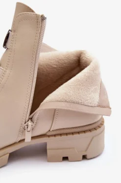 Outlet Skórzane Botki Na Płaskim Obcasie Jasnobeżowe Azulenn Damskie Botki Zimowe Damskie|Brązowe I Beżowe Botki