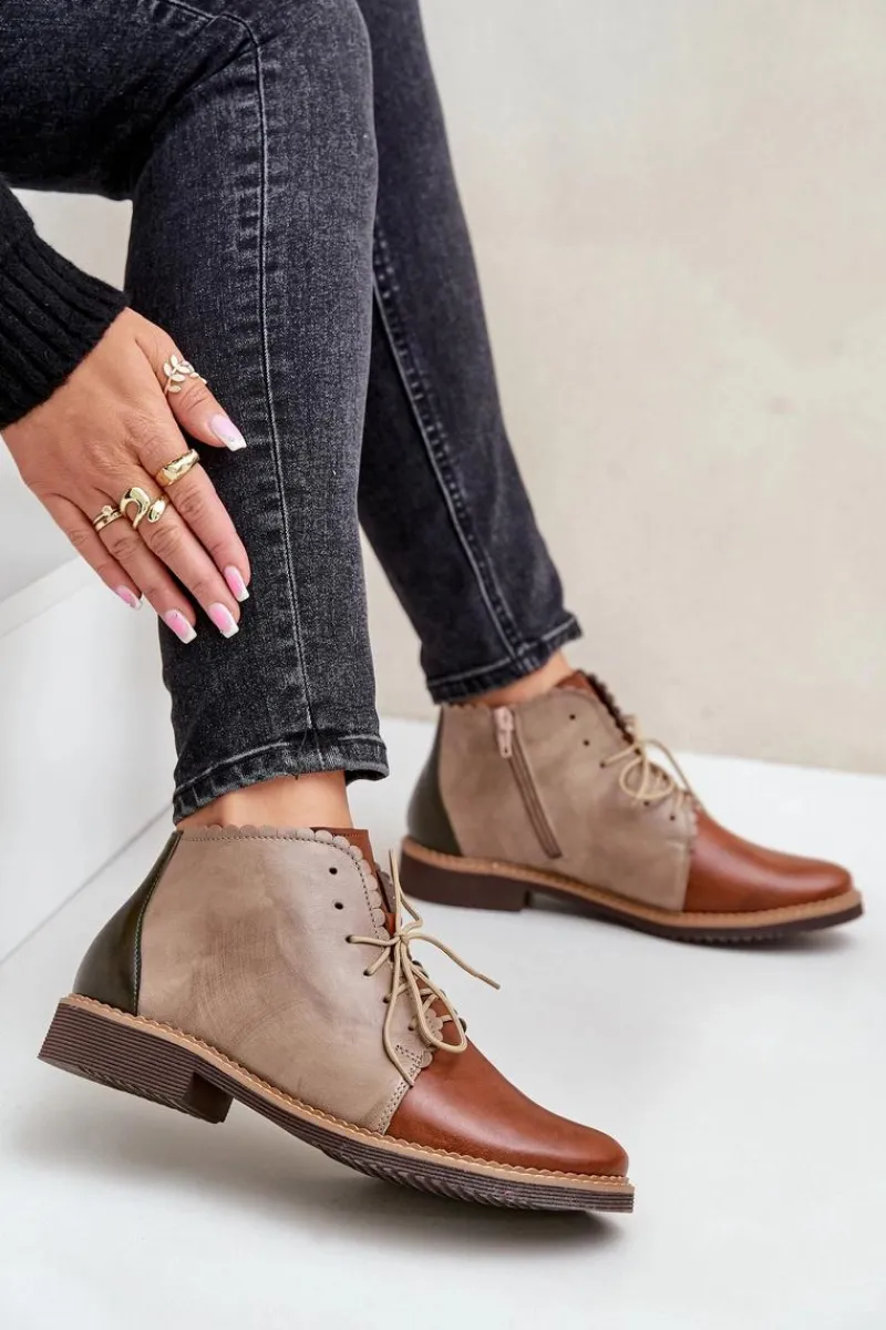 Nobo Skórzane Botki Na Płaskim Obcasie Brązowe Zazoo 4078 Brązowy