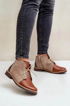 Nobo Skórzane Botki Na Płaskim Obcasie Brązowe Zazoo 4078 Brązowy